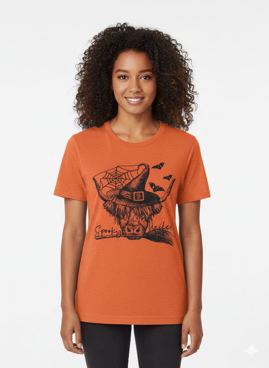 🎃 "Spooky Heifer" Highland Cow Witch Tee 🧙‍♀️